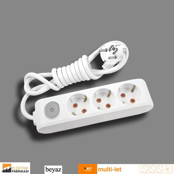 Multi-let Üçlü Priz Anahtarlı Topraklı Kablolu Çocuk Korumalı - 3 Metre (Beyaz I Siyah)_Viko by Panasonic