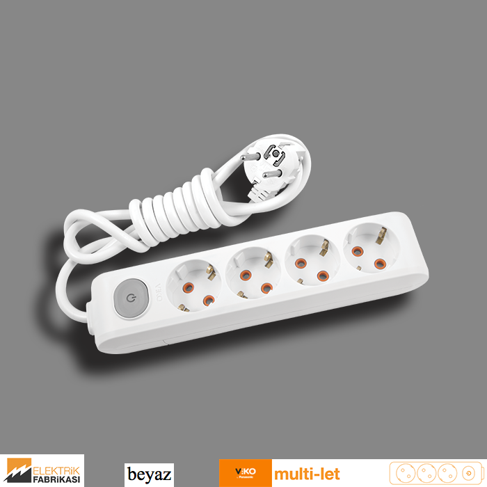 Multi-let Dörtlü Priz Anahtarlı Topraklı Kablolu Çocuk Korumalı - 5 Metre (Beyaz I Siyah)_Viko by Panasonic