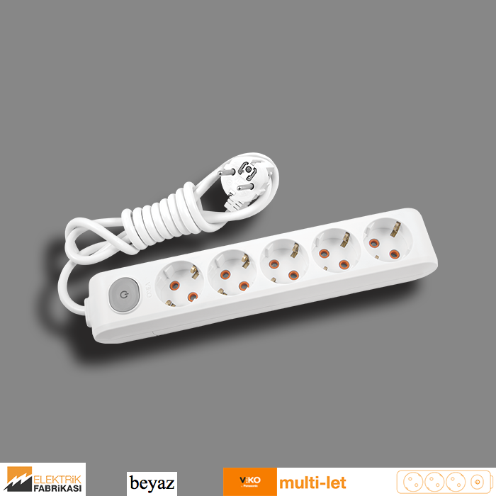 Multi-let Beşli Priz Anahtarlı Topraklı Kablolu Çocuk Korumalı - 5 Metre (Beyaz I Siyah)_Viko by Panasonic