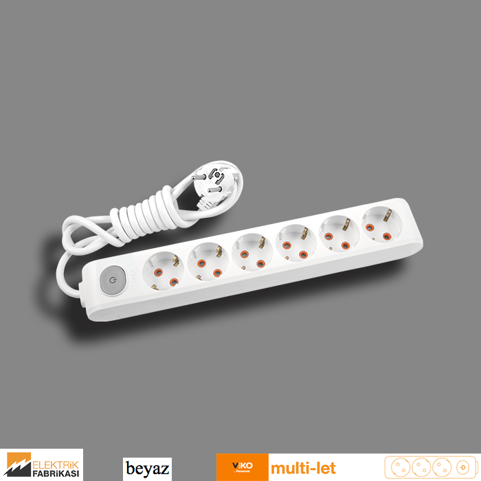 Multi-let Altılı Priz Anahtarlı Topraklı Kablolu Çocuk Korumalı - 2 Metre  (Beyaz I Siyah)_Viko by Panasonic