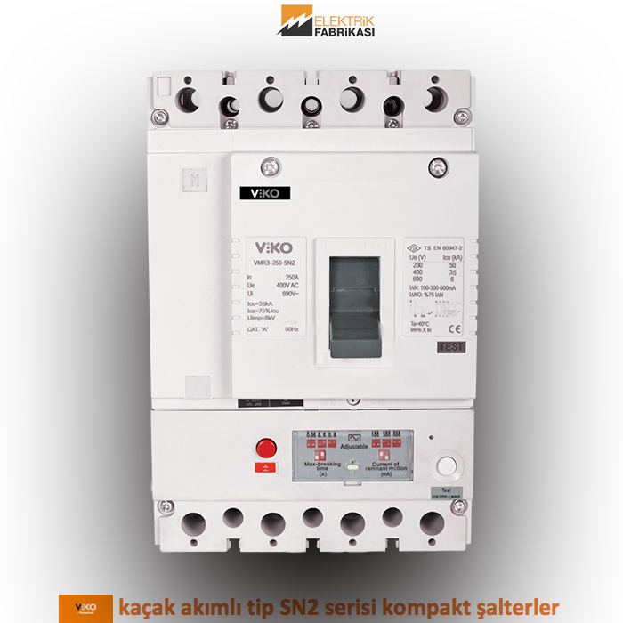 SN2 Serisi 100A-25kA-4 Kutup-K. A. Eşik Değeri: 100mA-500mA-T. A. Sahası: 70-100A-Kaçak Akımlı Tip Kompakt Şalter_Viko by Panasonic