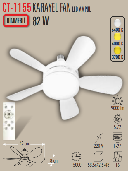 CT-1155 Karayel Fan Led Ampul 82W 220V
