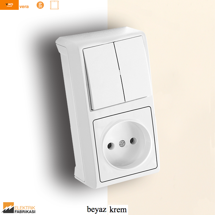 Vera IP20 Sıva Üstü Dikey İkili Kombine Komütatör + Priz (Beyaz I Krem)_Viko by Panasonic