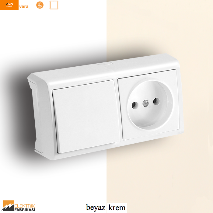 Vera IP20 Sıva Üstü Yatay İkili Kombine Anahtar + Priz (Beyaz I Krem)_Viko by Panasonic
