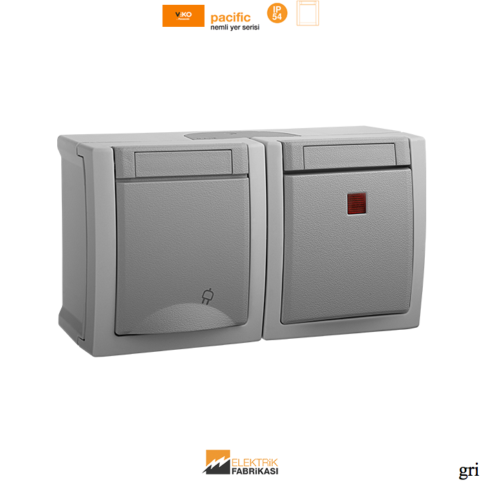 Pacific IP54 Sıva Üstü Işıklı Anahtar+Topraklı Priz Kombine Yatay-Nemli Yer (Gri I Beyaz I Füme)_Viko by Panasonic