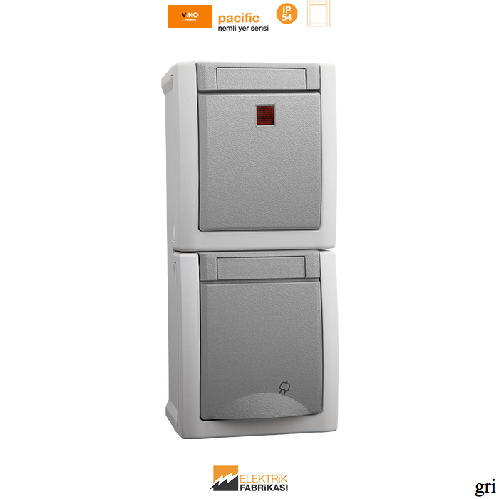 Pacific IP54 Sıva Üstü Işıklı Anahtar + Topraklı Priz Kombine Dikey-Nemli Yer (Gri I Beyaz I Füme)_Viko by Panasonic