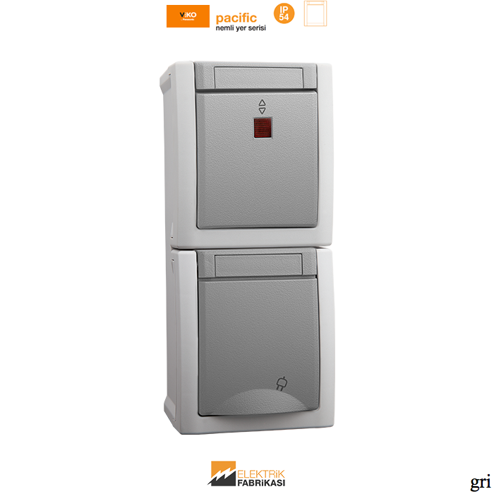 Pacific IP54 Sıva Üstü Çocuk Korumalı Işıklı Veavien Beyaz +Topraklı Priz Kombine Dikey-Nemli Yer (Gri I Beyaz I Füme)_Viko by Panasonic