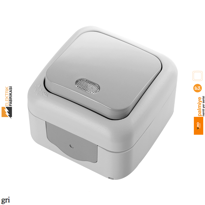 Palmiye IP54 Sıva Üstü Işıklı Light Anahtarı-Nemli Yer (Gri I Beyaz I Krem)_Viko by Panasonic