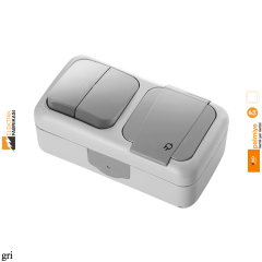Palmiye IP54 Sıva Üstü Yatay İkili Kombine Komütatör + Topraklı Priz-Nemli Yer (Gri I Beyaz I Krem)_Viko by Panasonic