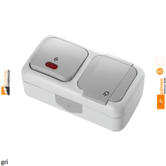 Palmiye IP54 Sıva Üstü Yatay İkili Kombine Işıklı Vavien + Topraklı Priz-Nemli Yer (Gri I Beyaz I Krem)_Viko by Panasonic