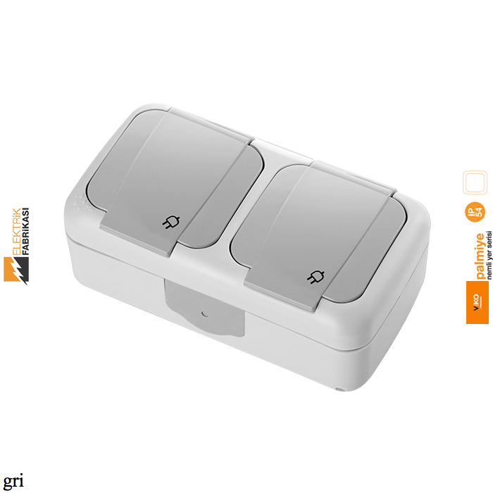 Palmiye IP54 Sıva Üstü Yatay İkili Kombine Topraklı Priz + Topraklı Priz-Nemli Yer (Gri I Beyaz I Krem)_Viko by Panasonic