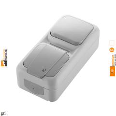 Palmiye IP54 Sıva Üstü Dikey İkili Kombine Anahtar + Topraklı Priz-Nemli Yer (Gri I Beyaz I Krem)_Viko by Panasonic