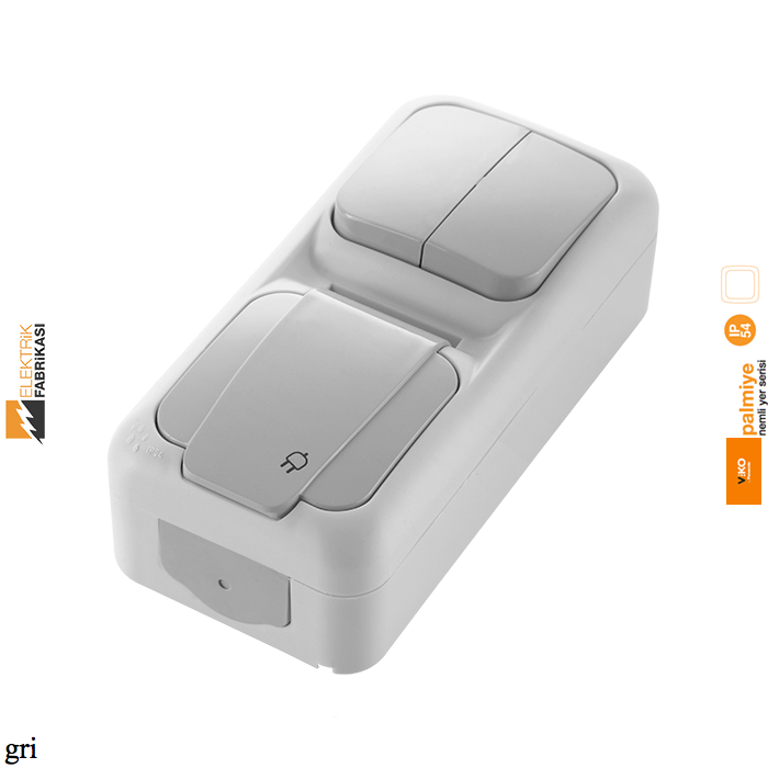 Palmiye IP54 Sıva Üstü Dikey İkili Kombine Komütatör + Topraklı Priz-Nemli Yer (Gri I Beyaz I Krem)_Viko by Panasonic