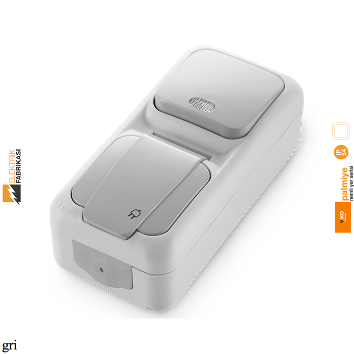 Palmiye IP54 Sıva Üstü Dikey İkili Kombine Işıklı Light + Topraklı Priz-Nemli Yer (Gri I Beyaz I Krem)_Viko by Panasonic
