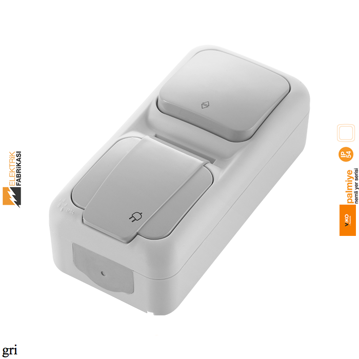 Palmiye IP54 Sıva Üstü Dikey İkili Kombine Veavien + Topraklı Priz-Nemli Yer (Gri I Beyaz I Krem)_Viko by Panasonic